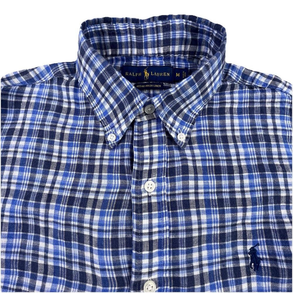 Polo Ralph Lauren Ocean Wash Linen Shirt Men M Blue Plaid Button Down